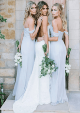 Beryl | Boho A - Line Backless Light Blue Chiffon Maxi Bridesmaid Dress with Off the Shoulder and Sweetheart - Price #price_variant_lowest# - Light Blue - PromDressClub